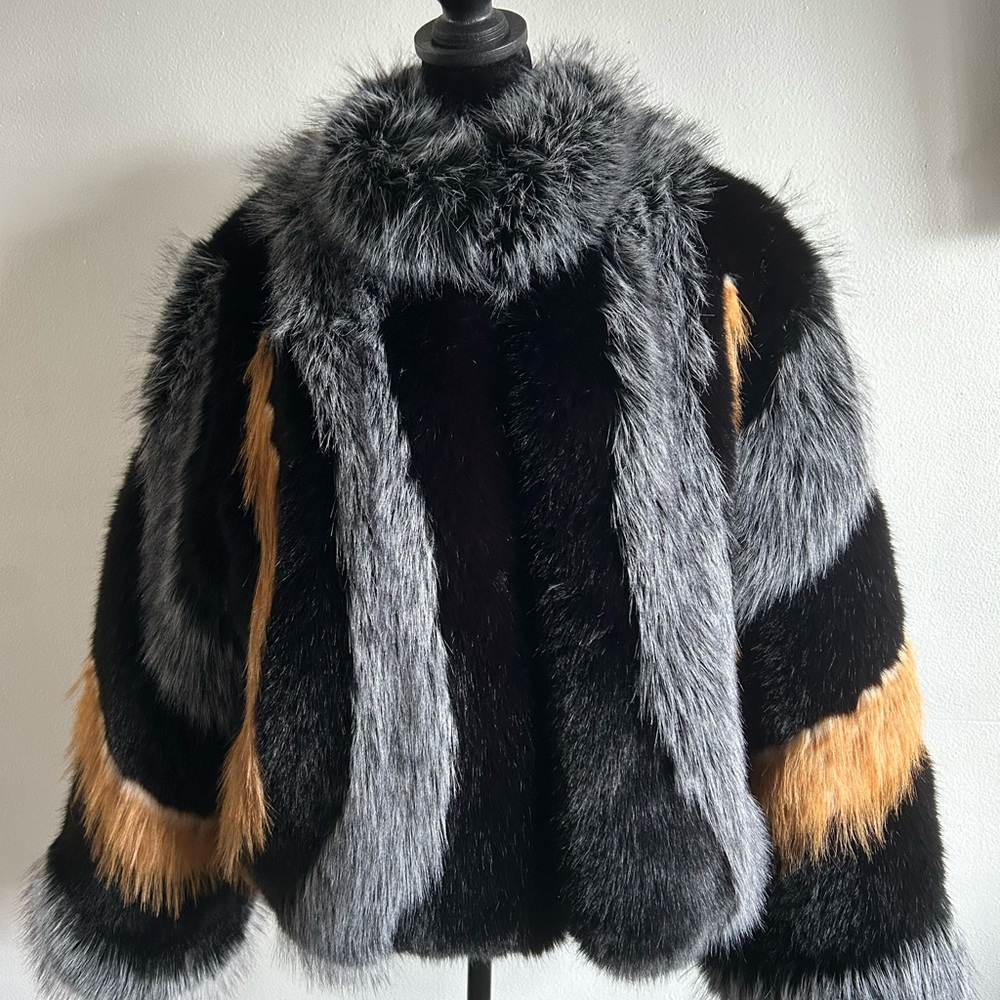 Chic AKIRA Faux Fur Jean Jacket - Black, Gray, and Tan